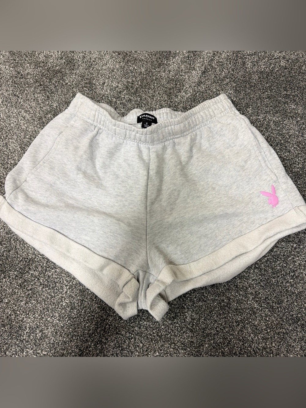 PLAYBOY Light Heather Gray Athletic Shorts with Pink Bunny